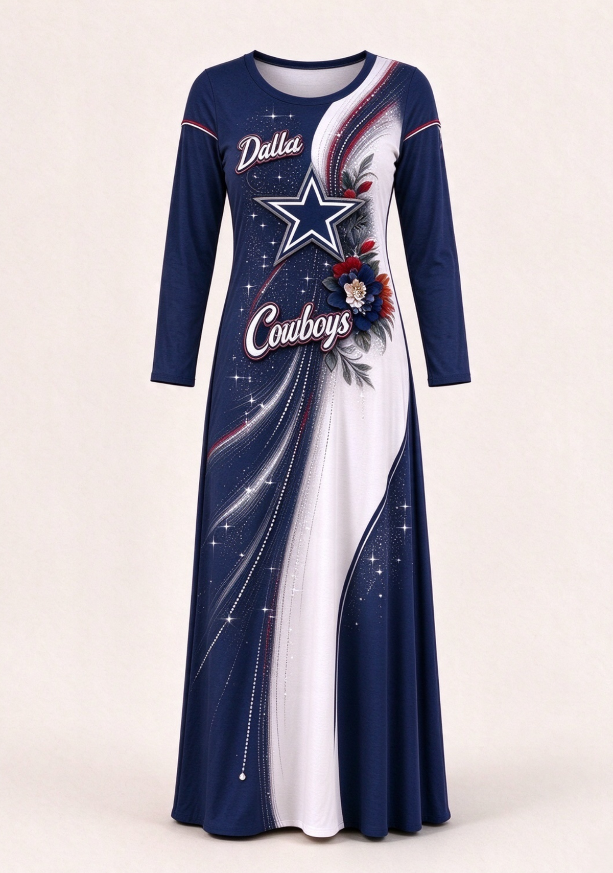 Women Dallas Cowboys Floral Print Long Sleeve Maxi Dress