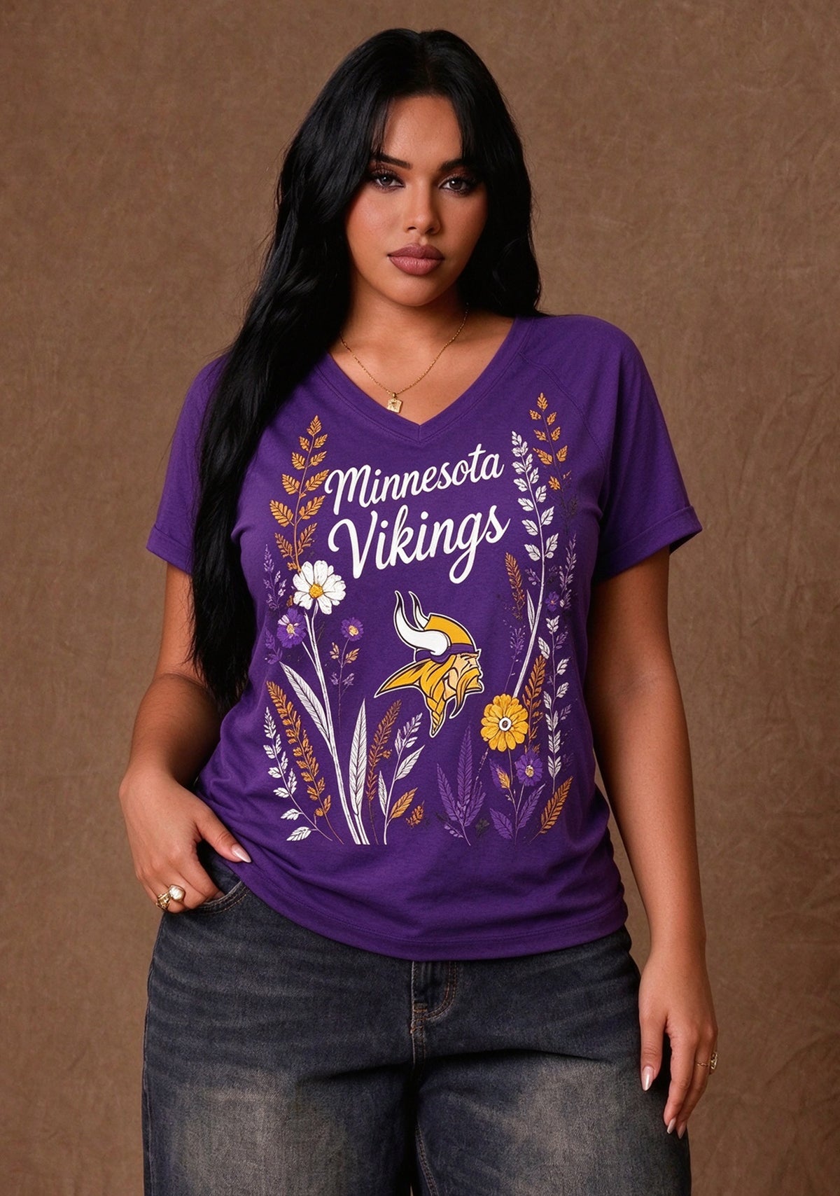 Women's Minnesota Vikings Wildflower Graphic V-Neck Raglan Rolled T-Shirt Main image