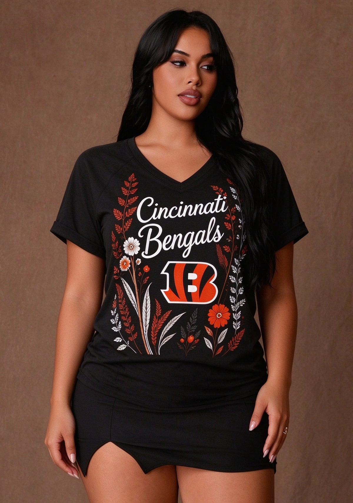 Women's Cincinnati Bengals Wildflower Graphic V-Neck Raglan Rolled T-Shirt Main image