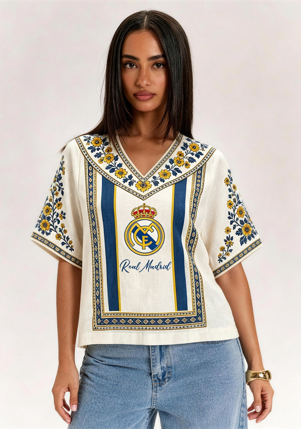 Boho Floral Border Print Featuring Real Madrid V-Neck Blouse