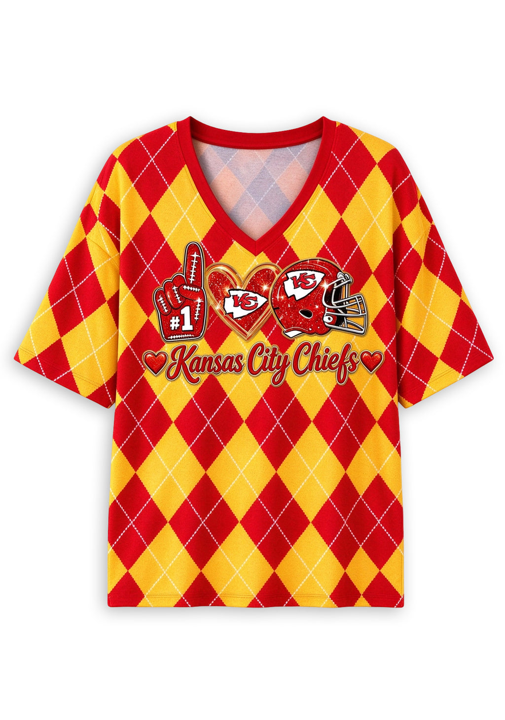 Women's Kansas City Chiefs Argyle #1 Fan Heart Helmet V-Neck T-Shirt