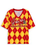Women's Kansas City Chiefs Argyle #1 Fan Heart Helmet V-Neck T-Shirt