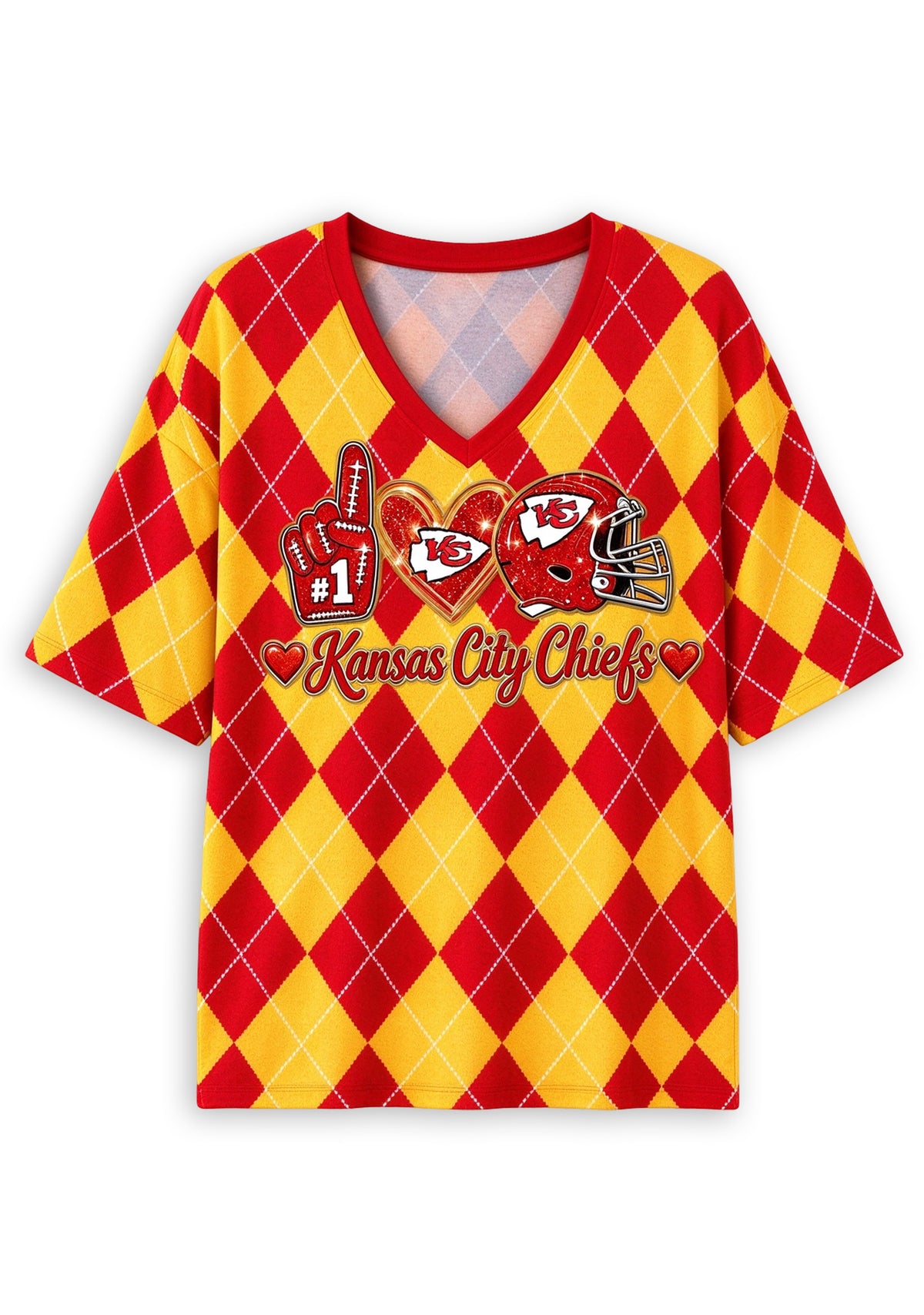 Women's Kansas City Chiefs Argyle #1 Fan Heart Helmet V-Neck T-Shirt