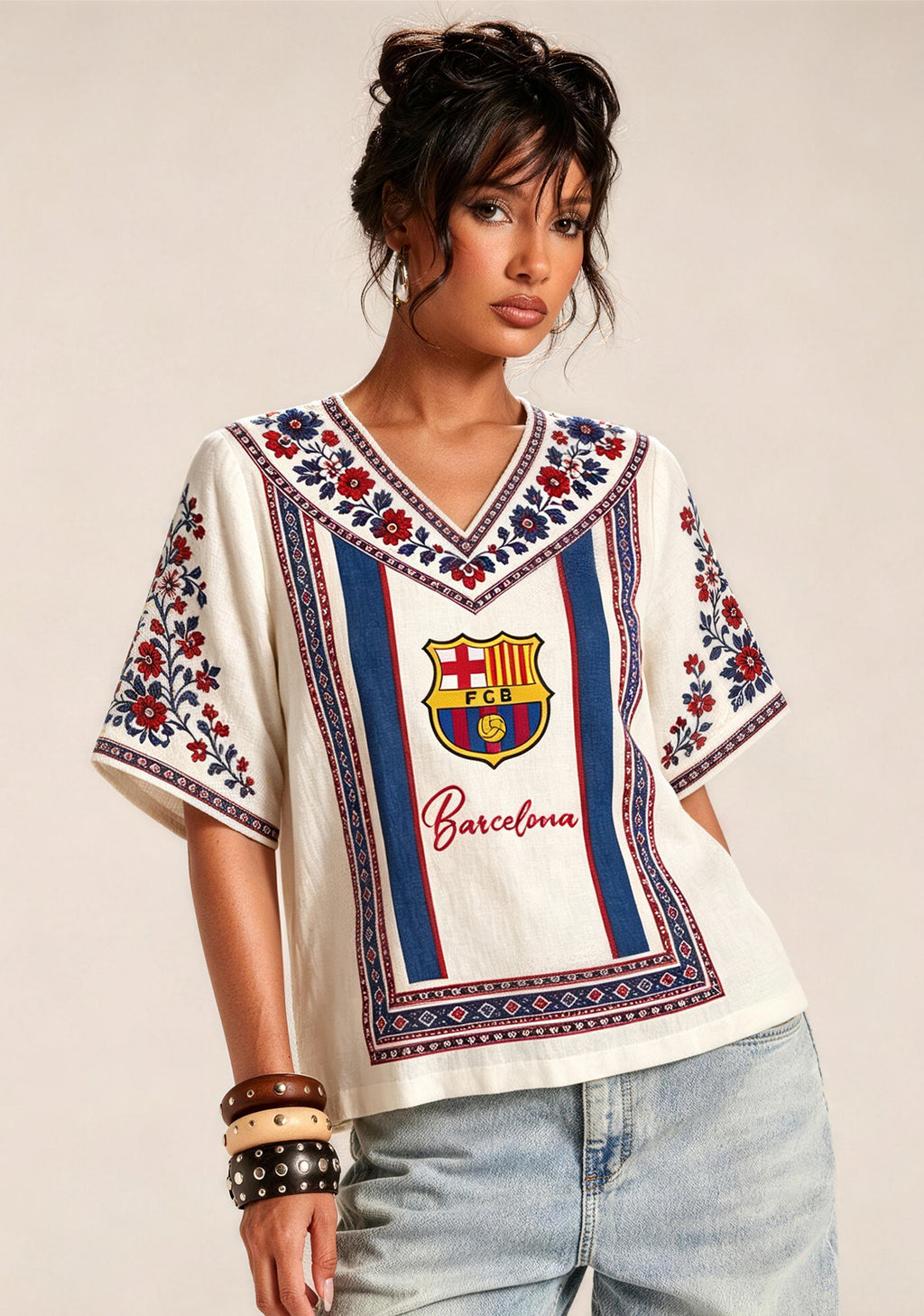 Boho Floral Border Print Featuring Barcelona V-Neck Blouse