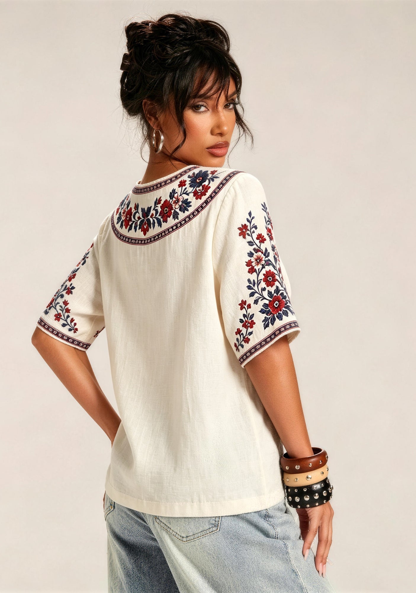 Boho Floral Border Print Featuring Barcelona V-Neck Blouse