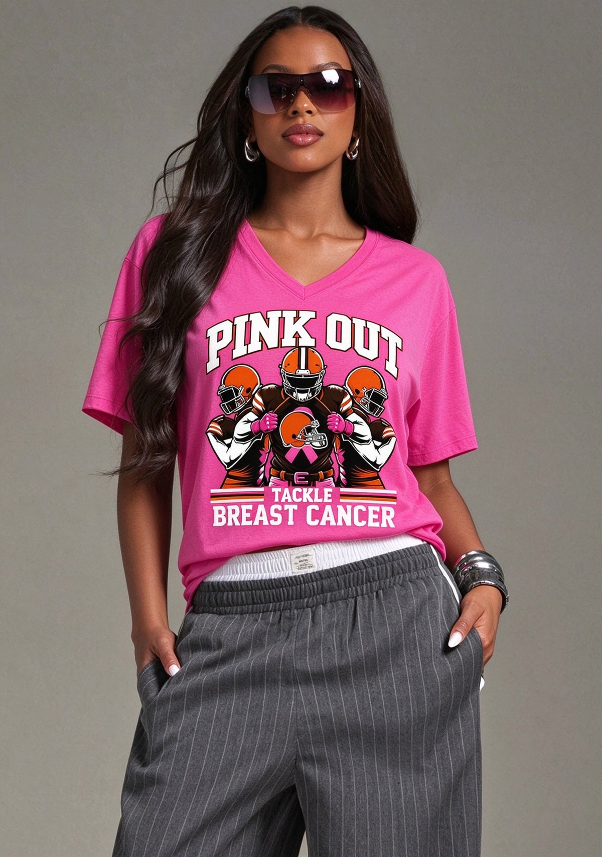 Cleveland Browns Pink Out Tackle Breast Cancer Awareness V-Neck T-Shirt