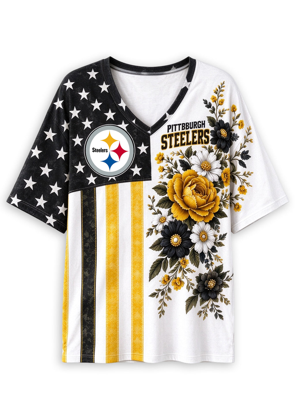 Women's Pittsburgh Steelers American Flag Floral V-Neck T-Shirt