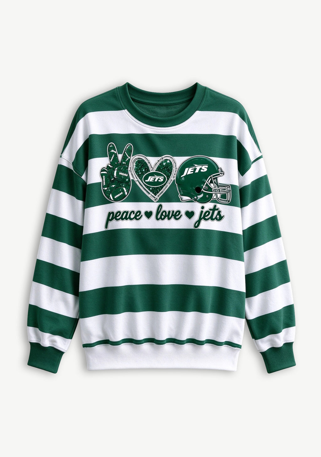 Women's Peace Love New York Jets Striped Crewneck Sweatshirt