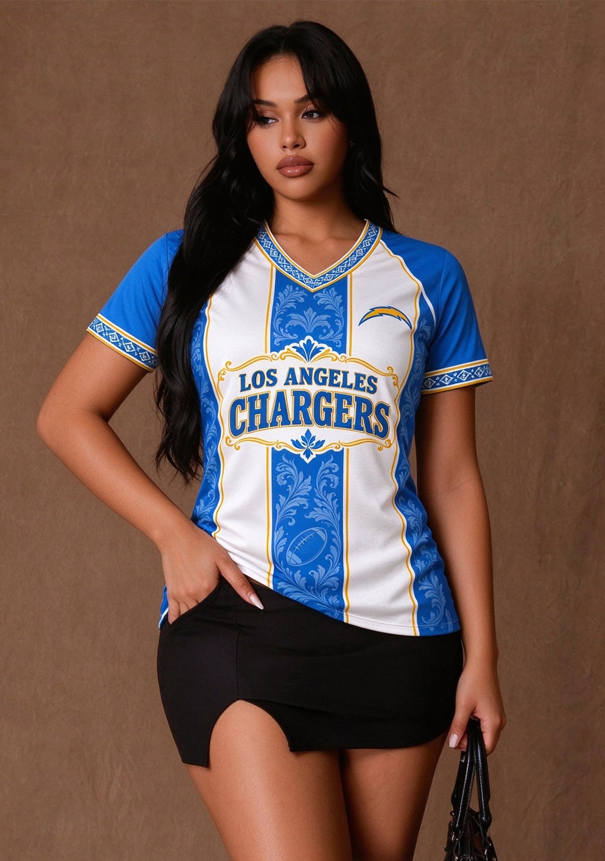 Women's Los Angeles Chargers Floral Baroque Striped V-Neck T-Shirt Main image