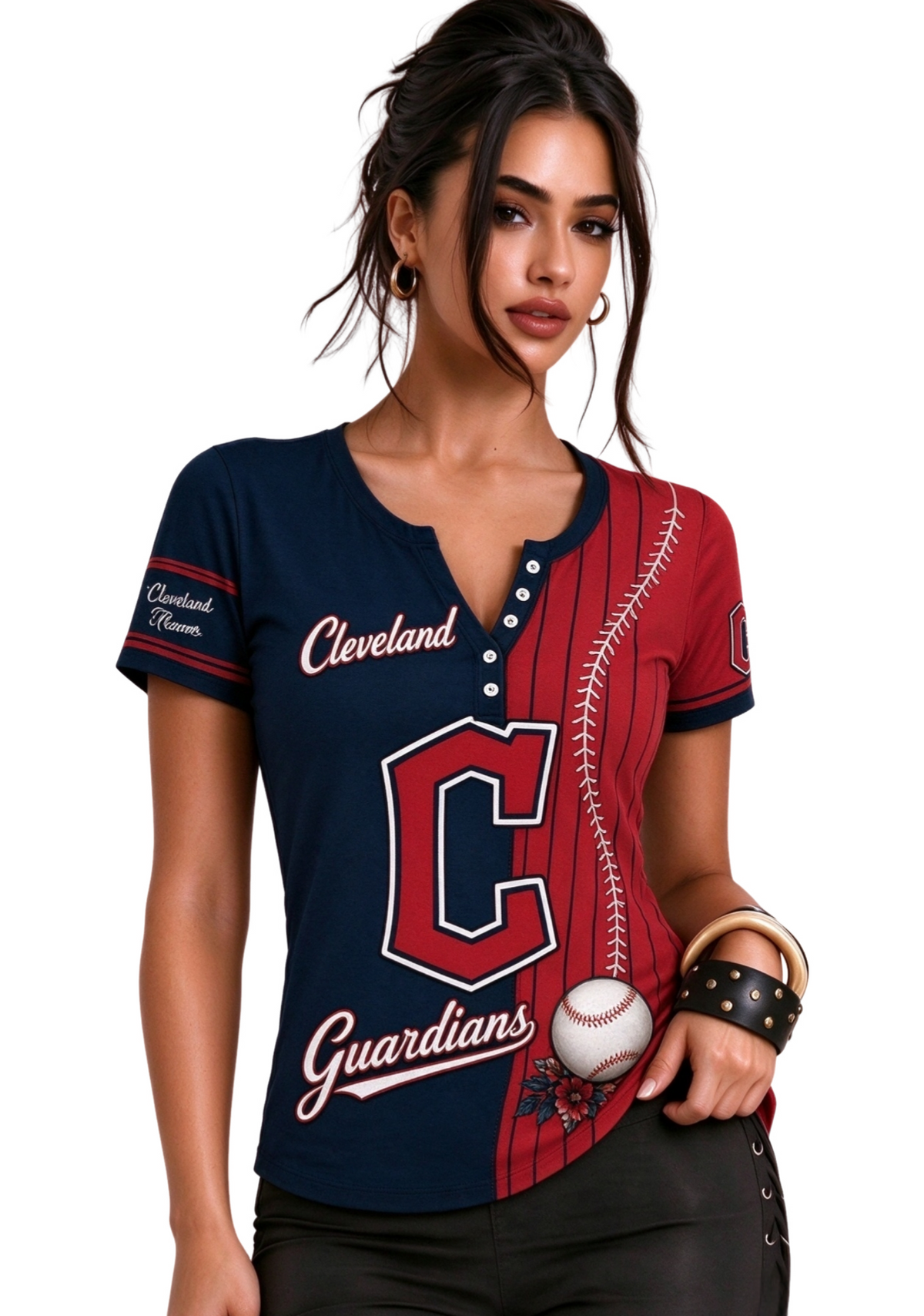 Women Cleveland Guardians Baseball Half Striped Henley T-Shirt Main image