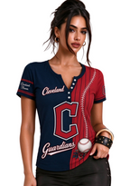 Women Cleveland Guardians Baseball Half Striped Henley T-Shirt