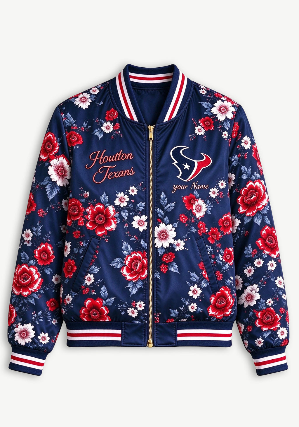 Women Houston Texans Floral Print Zip Up Jacket Custom Name For Fan