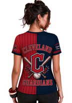 Women Cleveland Guardians Baseball Half Striped Henley T-Shirt