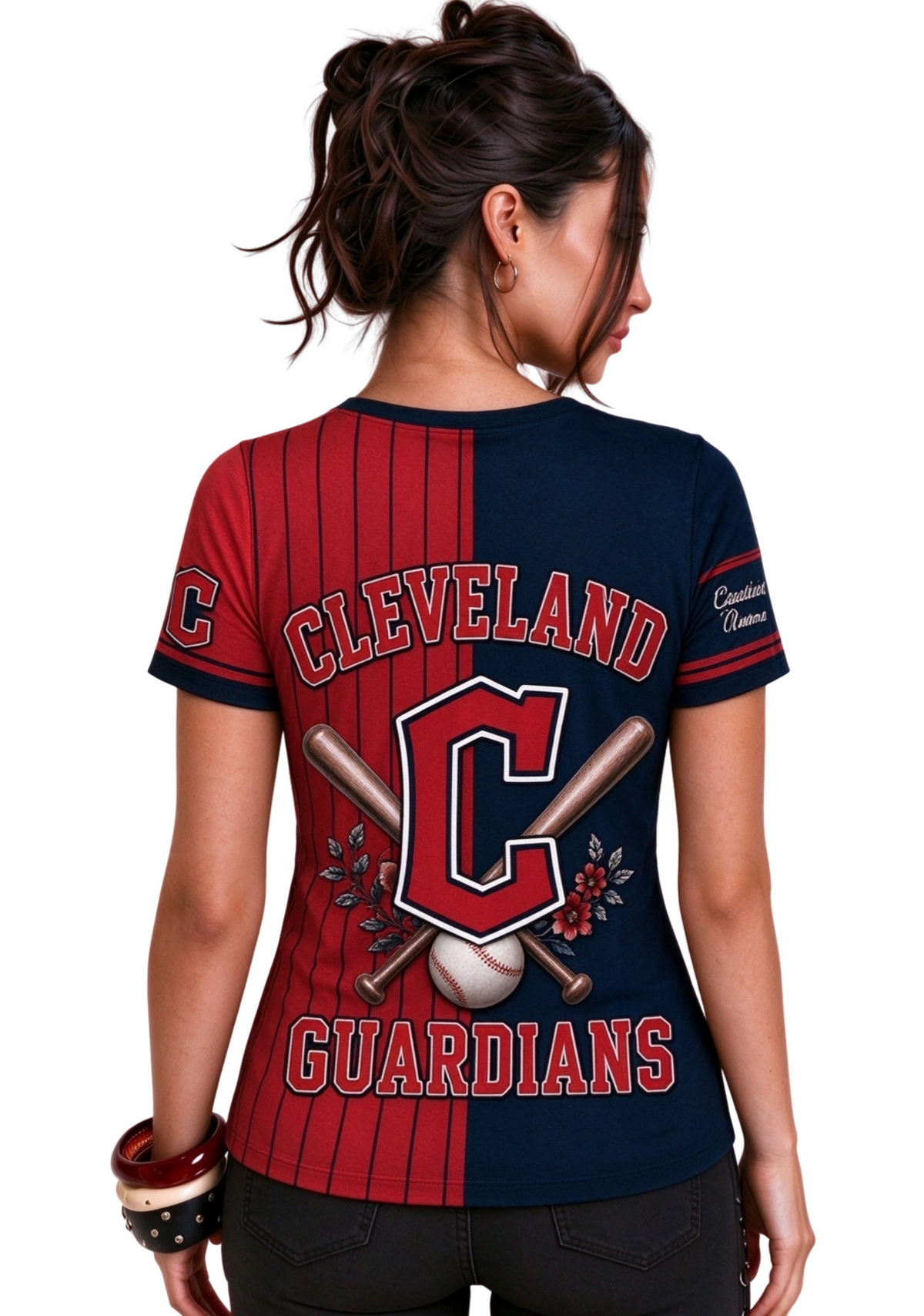 Women Cleveland Guardians Baseball Half Striped Henley T-Shirt