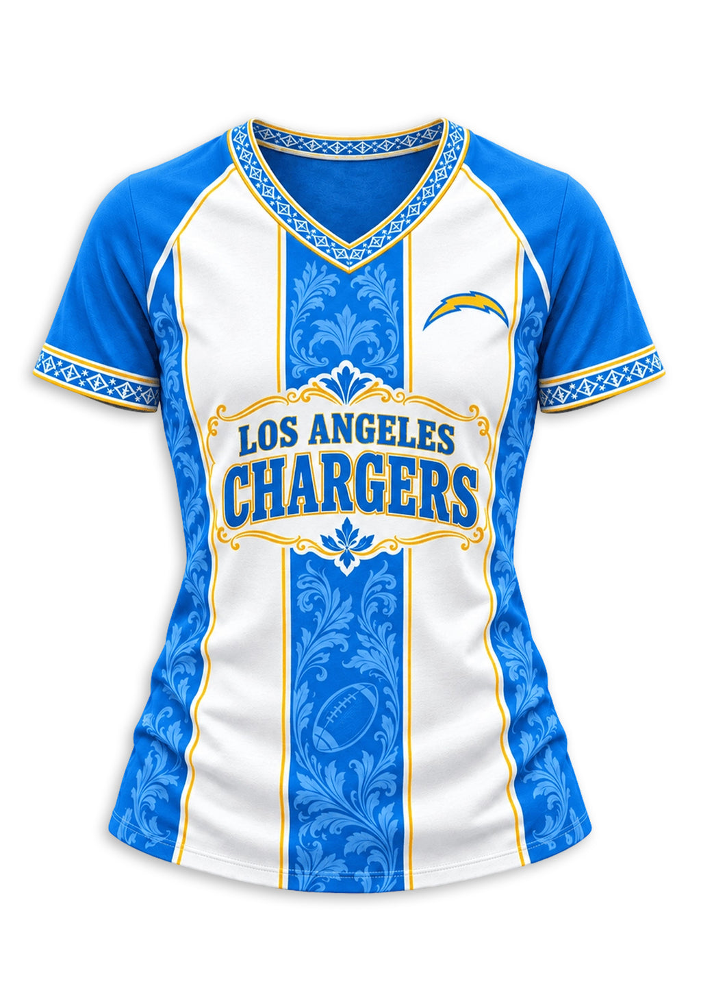 Women's Los Angeles Chargers Floral Baroque Striped V-Neck T-Shirt