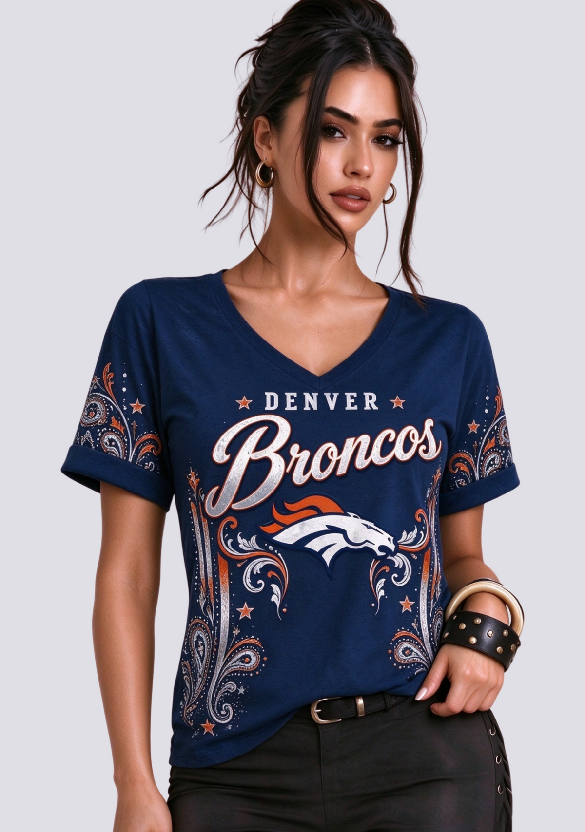Women's Denver Broncos Paisley Pattern V-Neck T-Shirt