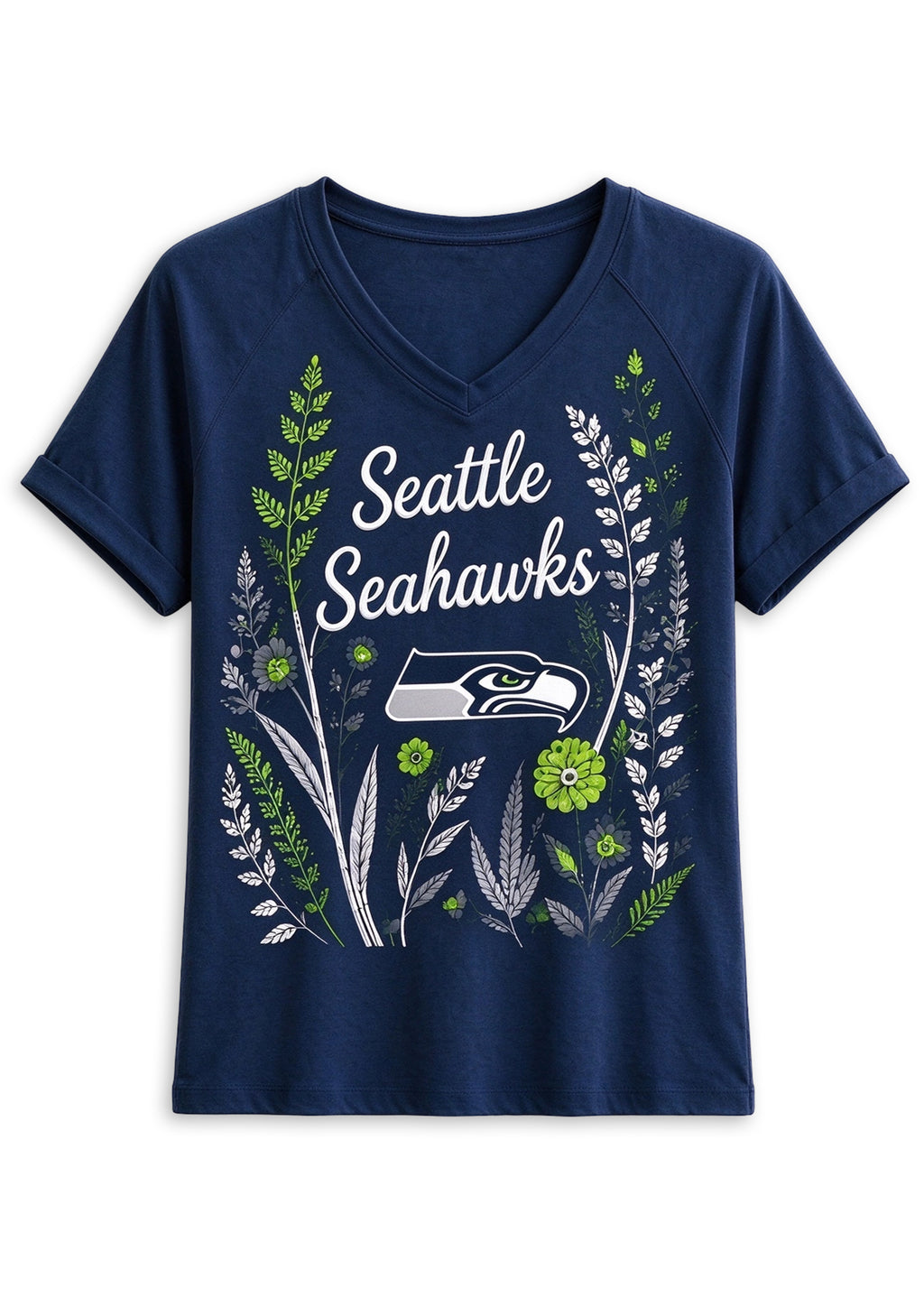 Women's Seattle Seahawks Wildflower Graphic V-Neck Raglan Rolled T-Shirt