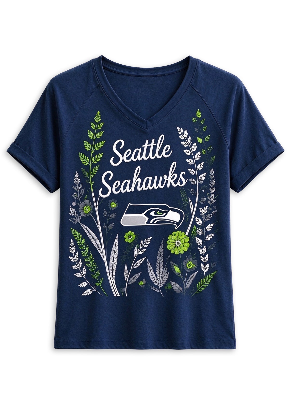 Women's Seattle Seahawks Wildflower Graphic V-Neck Raglan Rolled T-Shirt