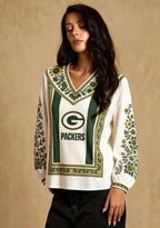 Women's Green Bay Packers Boho Floral Printed V-Neck Long Sleeve Shirt