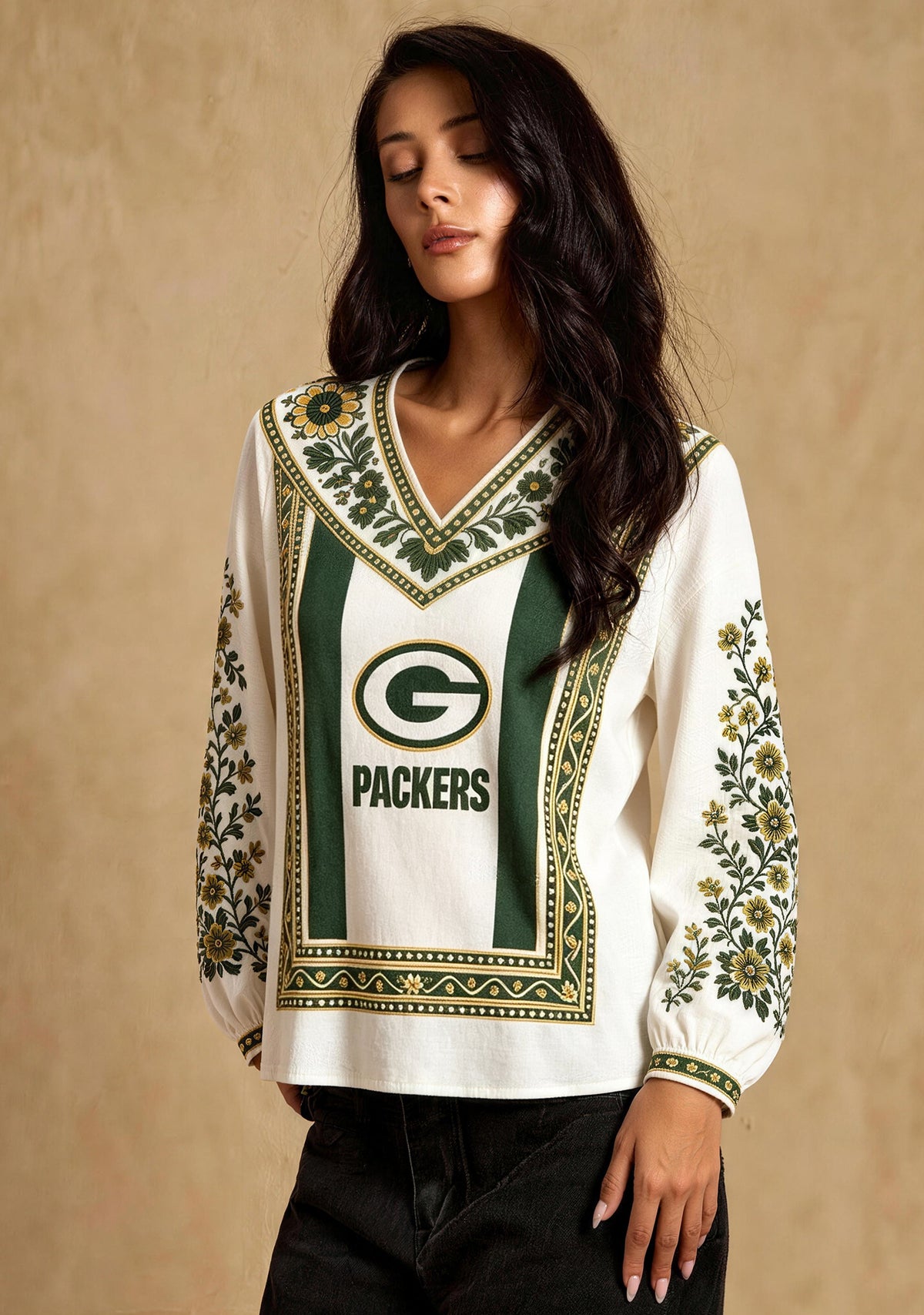 Women's Green Bay Packers Boho Floral Printed V-Neck Long Sleeve Shirt