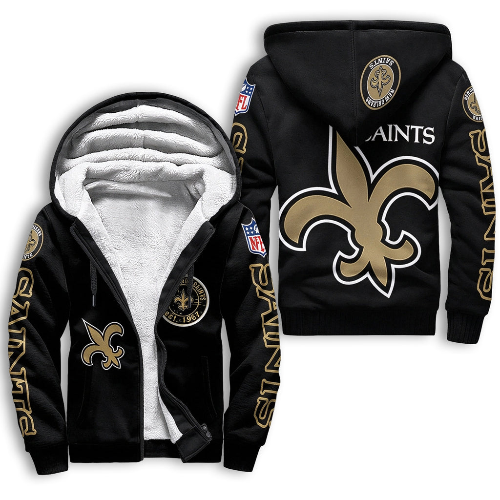 New Orleans Saints Fleece Lined Zip Up Football Fan Winter Hooded Jacket