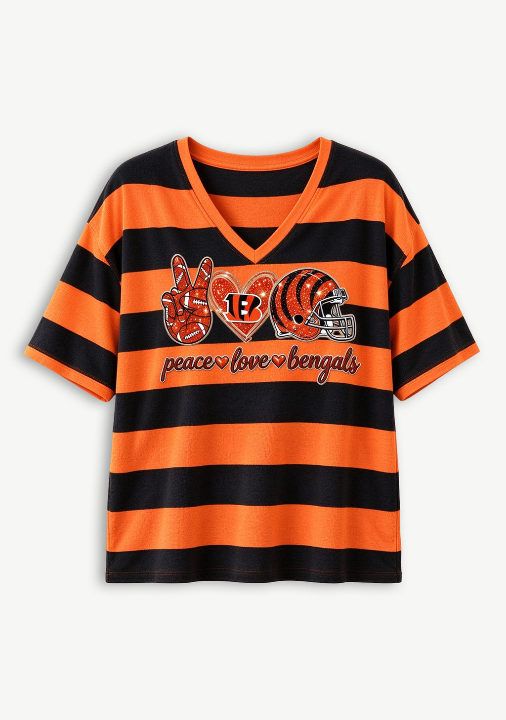 Women's Peace Love Cincinnati Bengals Football Striped V Neck T-Shirt