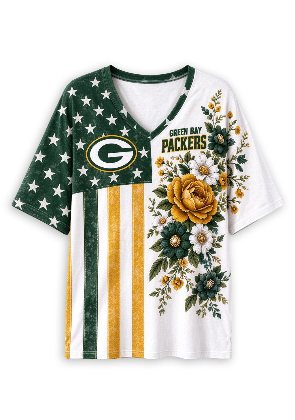 Women's Green Bay Packers American Flag Floral V-Neck T-Shirt
