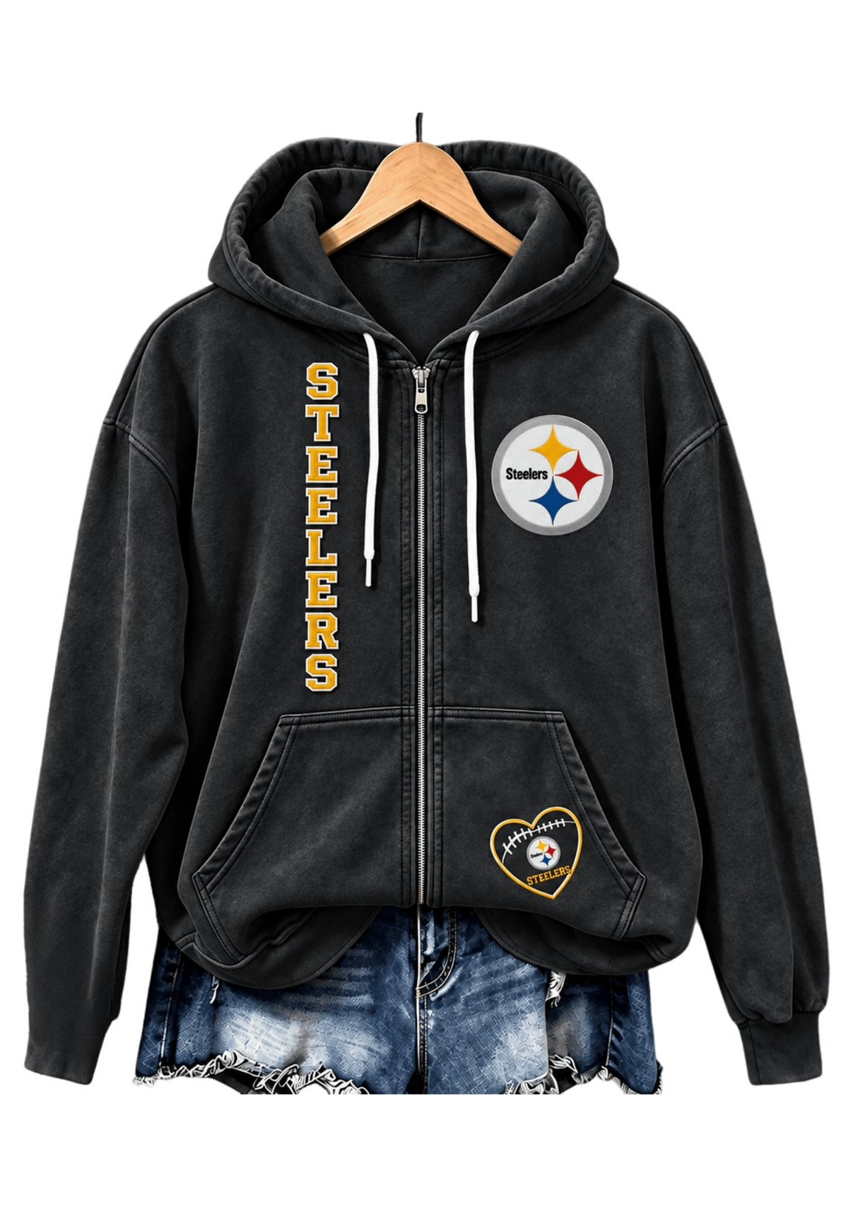 Pittsburgh Steelers Women Heart Football Graphic Zip Up Hoodie