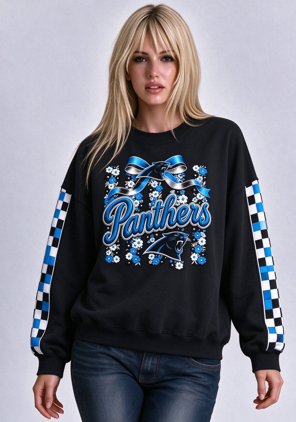 Women's Carolina Panthers Floral Bow Crewneck Sweatshirt