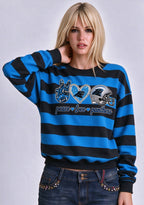 Women's Peace Love Carolina Panthers Striped Crewneck Sweatshirt