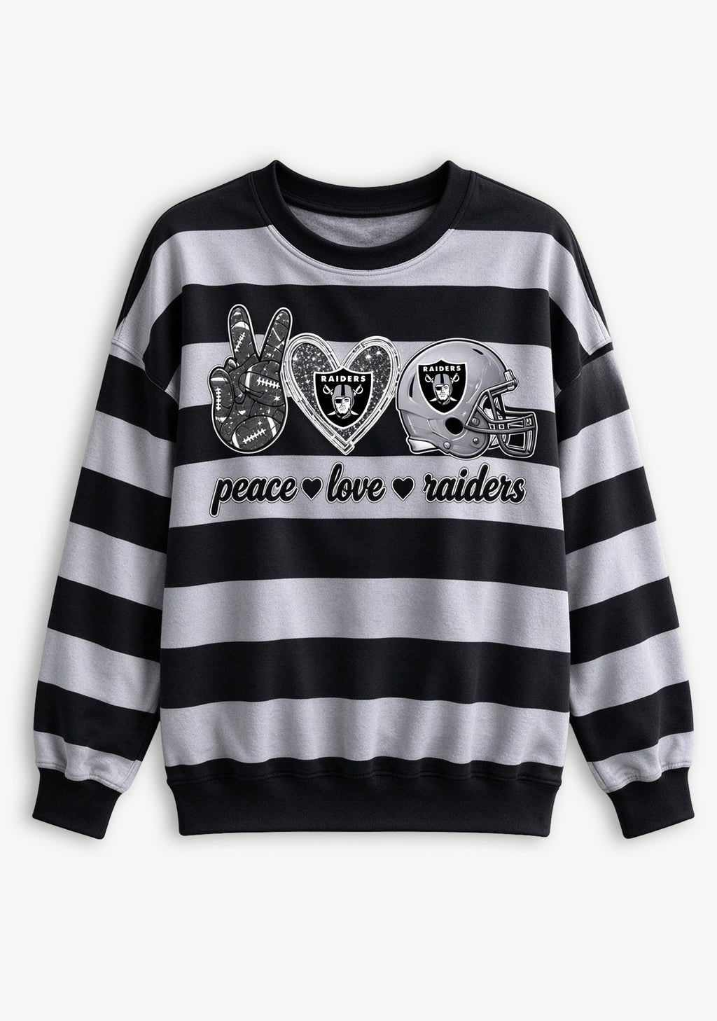 Women's Peace Love Las Vegas Raiders Striped Crewneck Sweatshirt