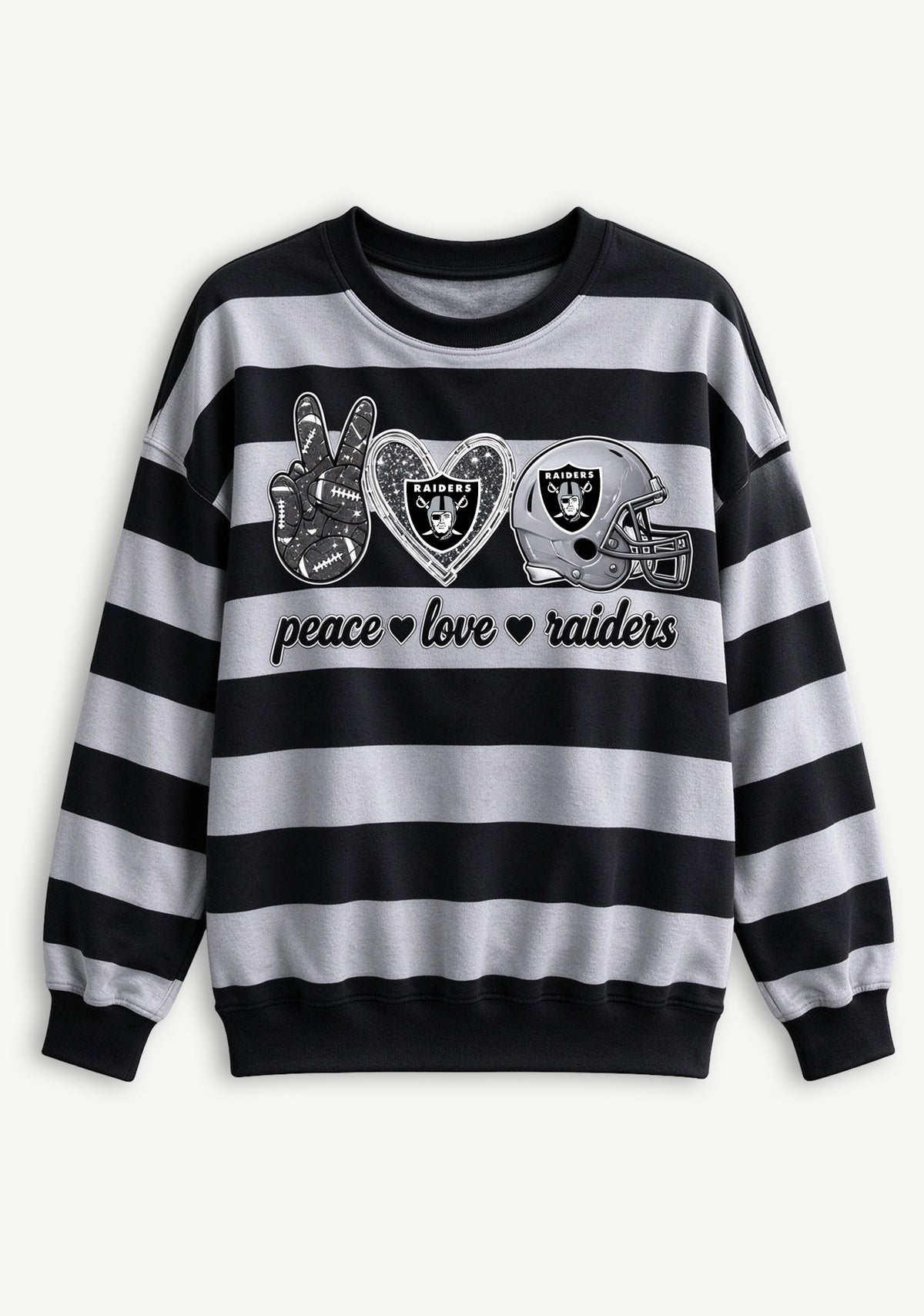 Women's Peace Love Las Vegas Raiders Striped Crewneck Sweatshirt