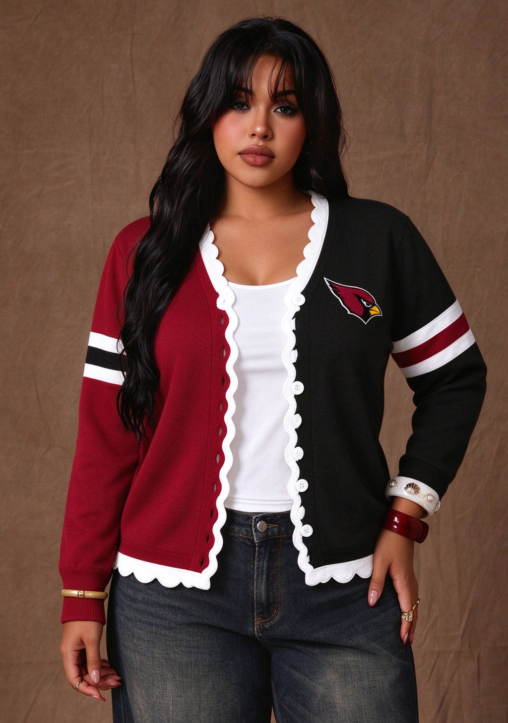 Women's Arizona Cardinals Color Block Scalloped Trim V-Neck Button Cardigan