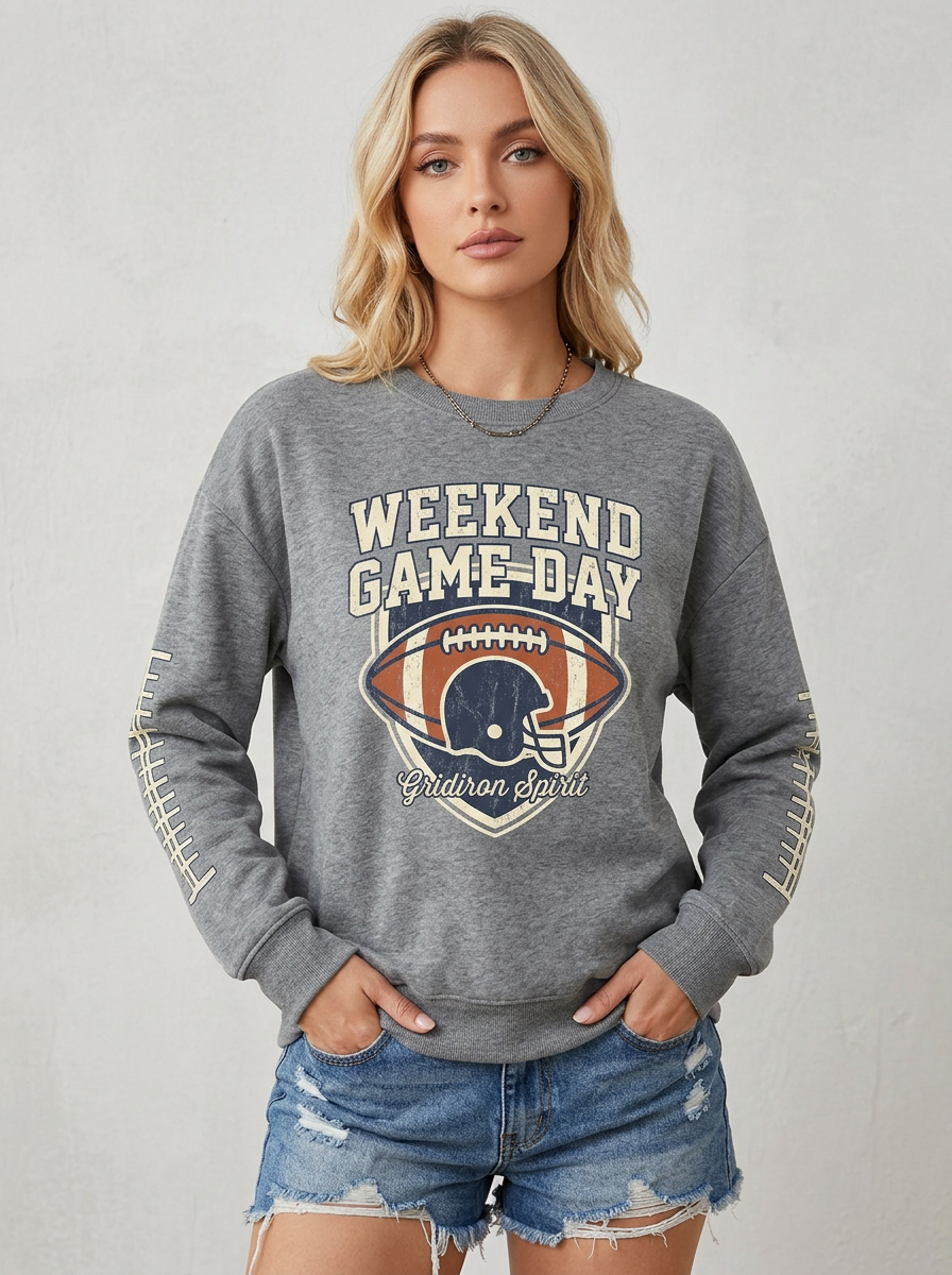Women's Football Fan Weekend Game Day Helmet Printed Sweatshirt