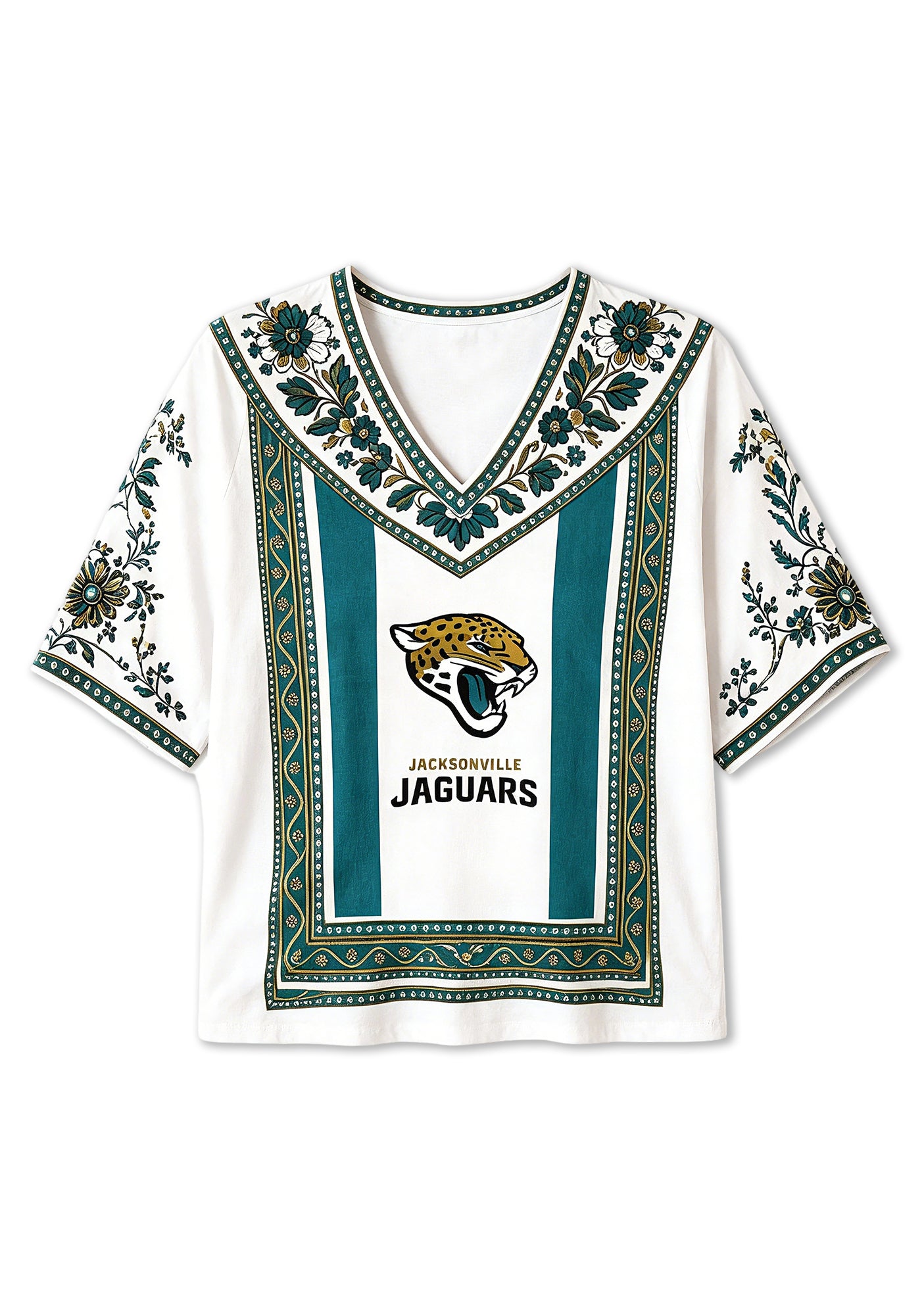 Boho Teal Floral Jacksonville Jaguars V-Neck Blouse Secondary image