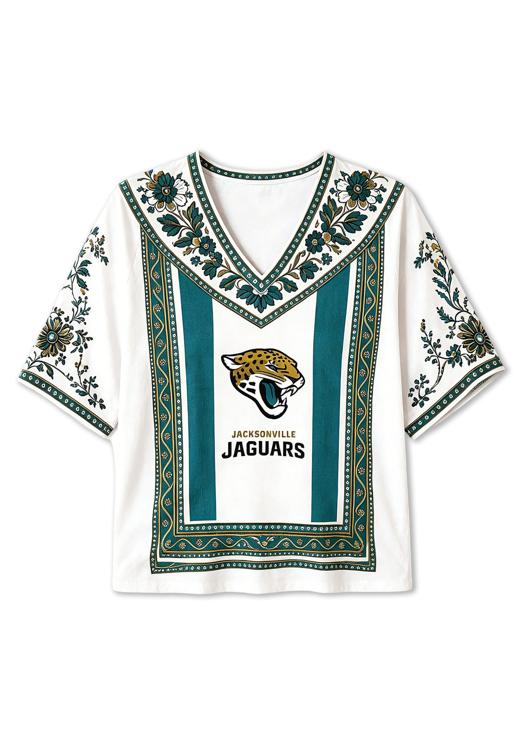Boho Teal Floral Jacksonville Jaguars V-Neck Blouse