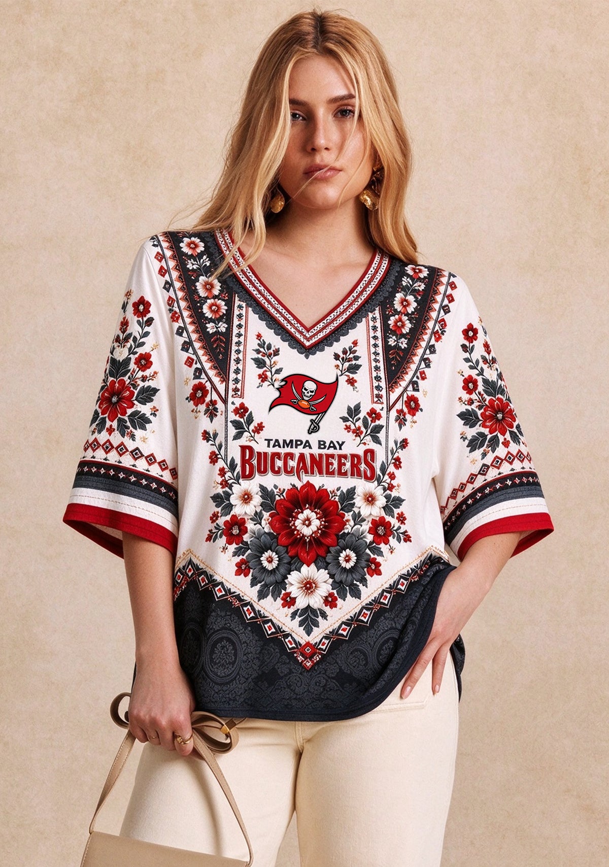 Women’s Tampa Bay Buccaneers Boho Floral V-Neck 3/4 Sleeve Shirt