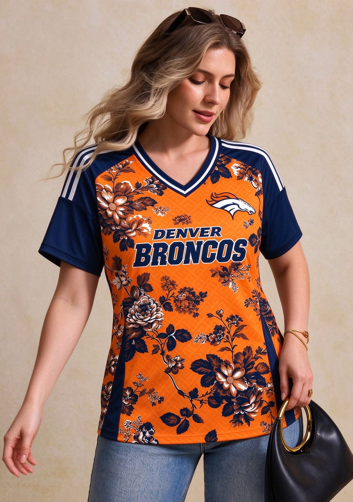 Women's Denver Broncos Floral V-Neck T Shirt Main image