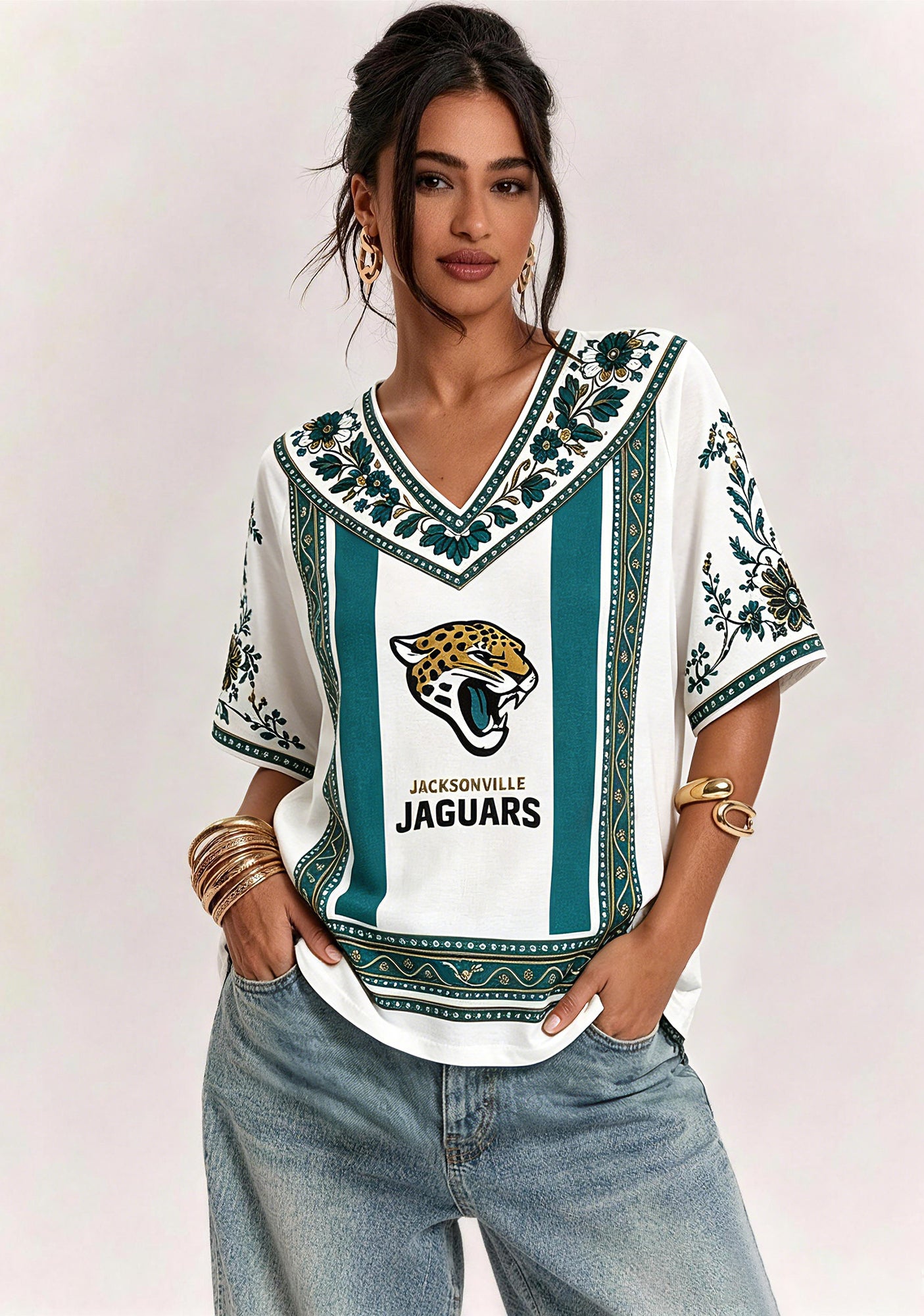 Boho Teal Floral Jacksonville Jaguars V-Neck Blouse