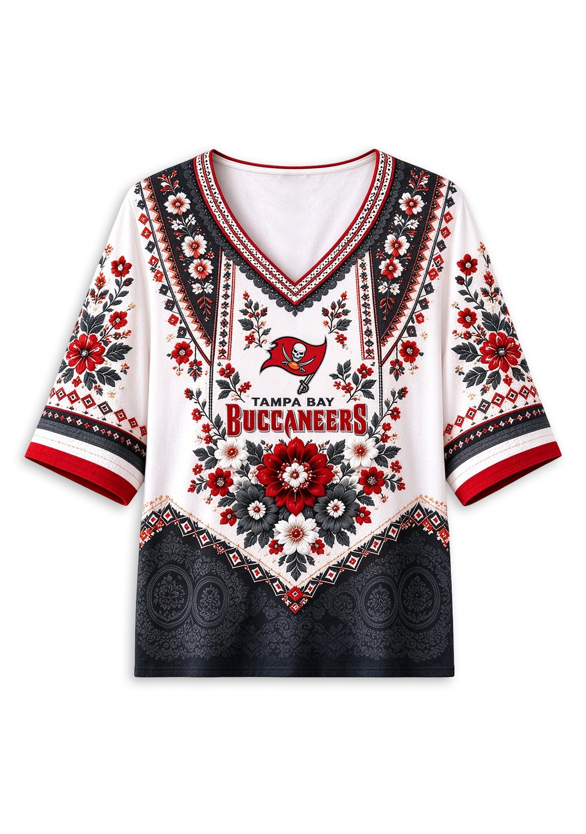 Women’s Tampa Bay Buccaneers Boho Floral V-Neck 3/4 Sleeve Shirt