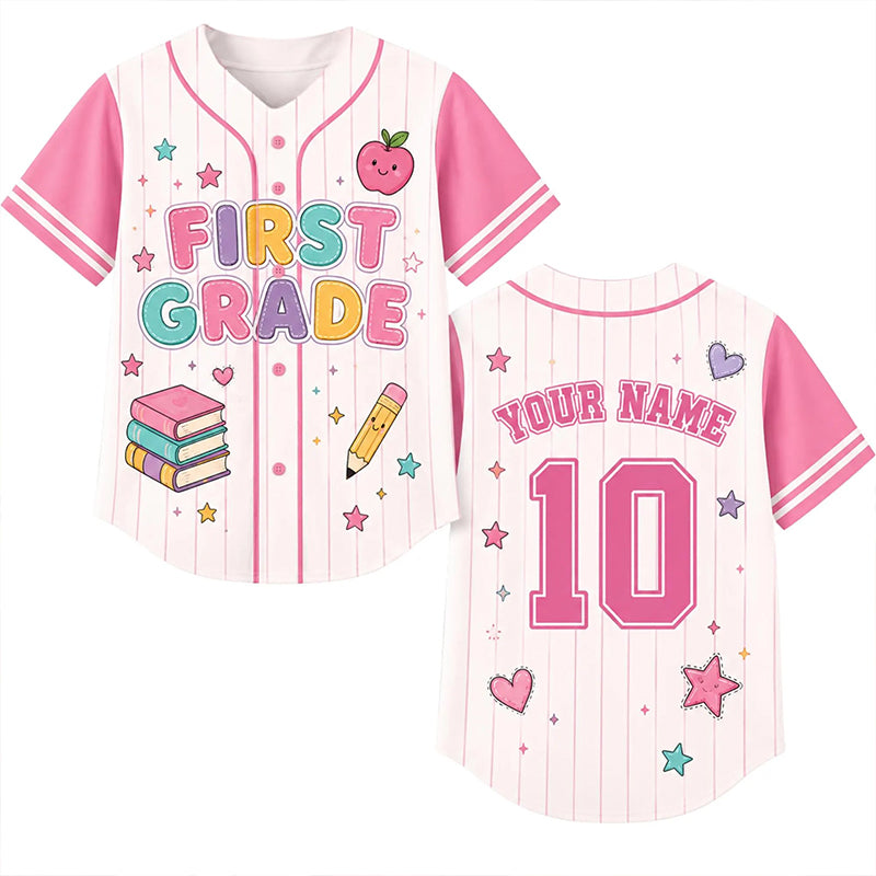 Personalized Grade And Name Preppy Stripes Books Apple Pencil Teacher Baseball Jersey Main image