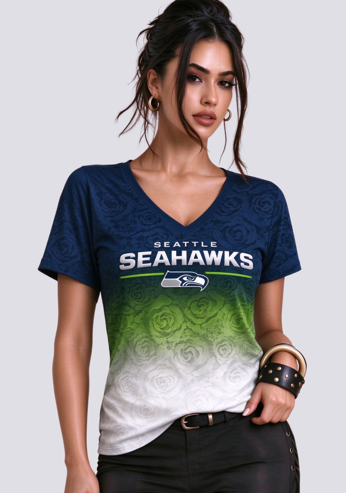Women's Seattle Seahawks Ombre Rose Floral V-Neck T-Shirt Main image