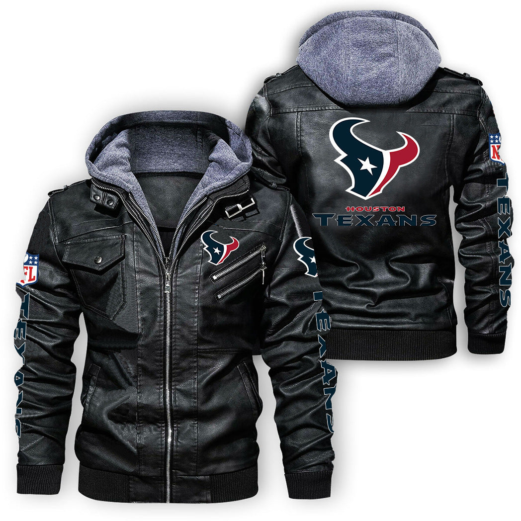 Houston Texans Logo PU Faux Leather Hooded Jacket