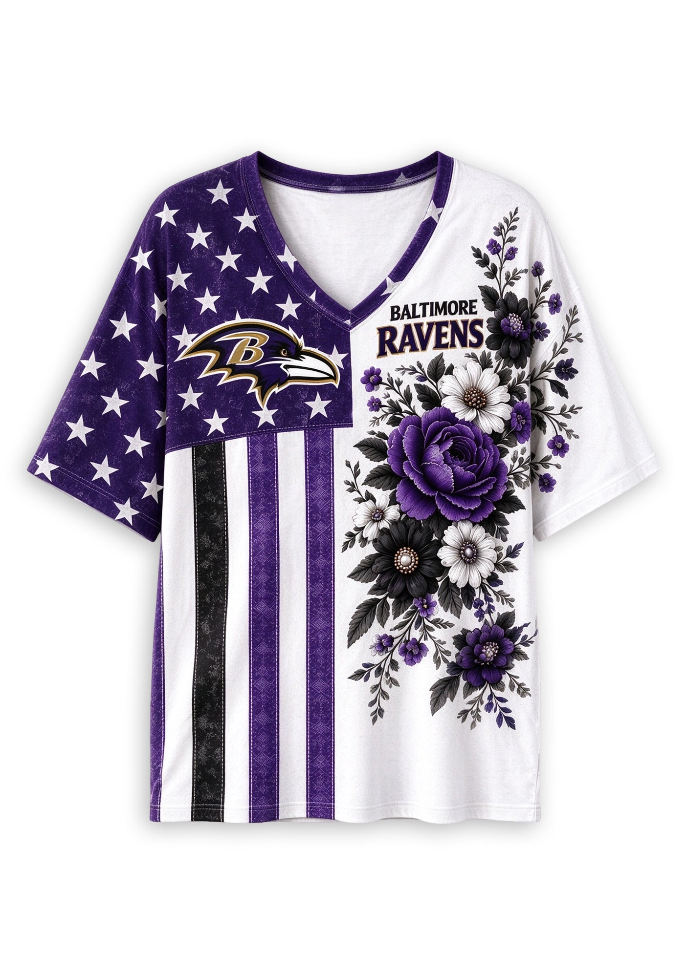 Women's Baltimore Ravens American Flag Floral V-Neck T-Shirt Secondary image