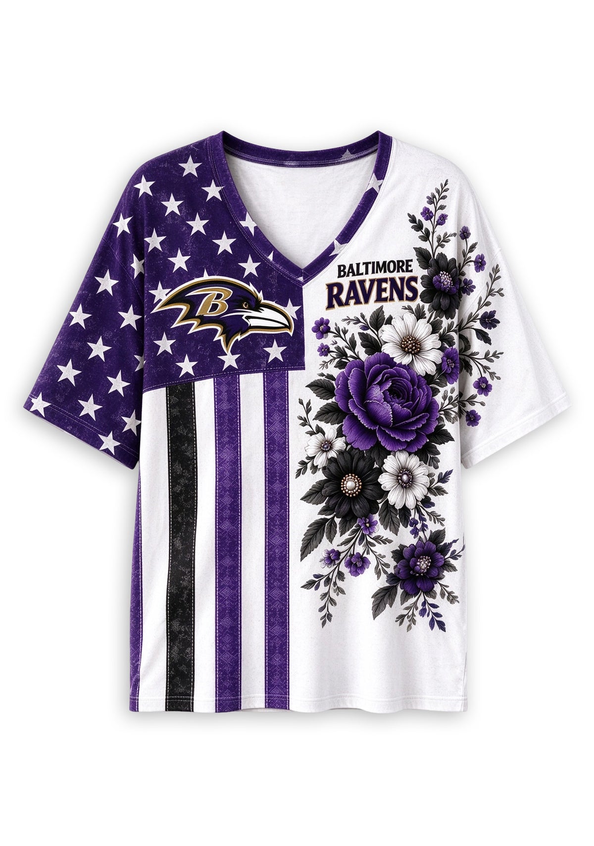 Women's Baltimore Ravens American Flag Floral V-Neck T-Shirt
