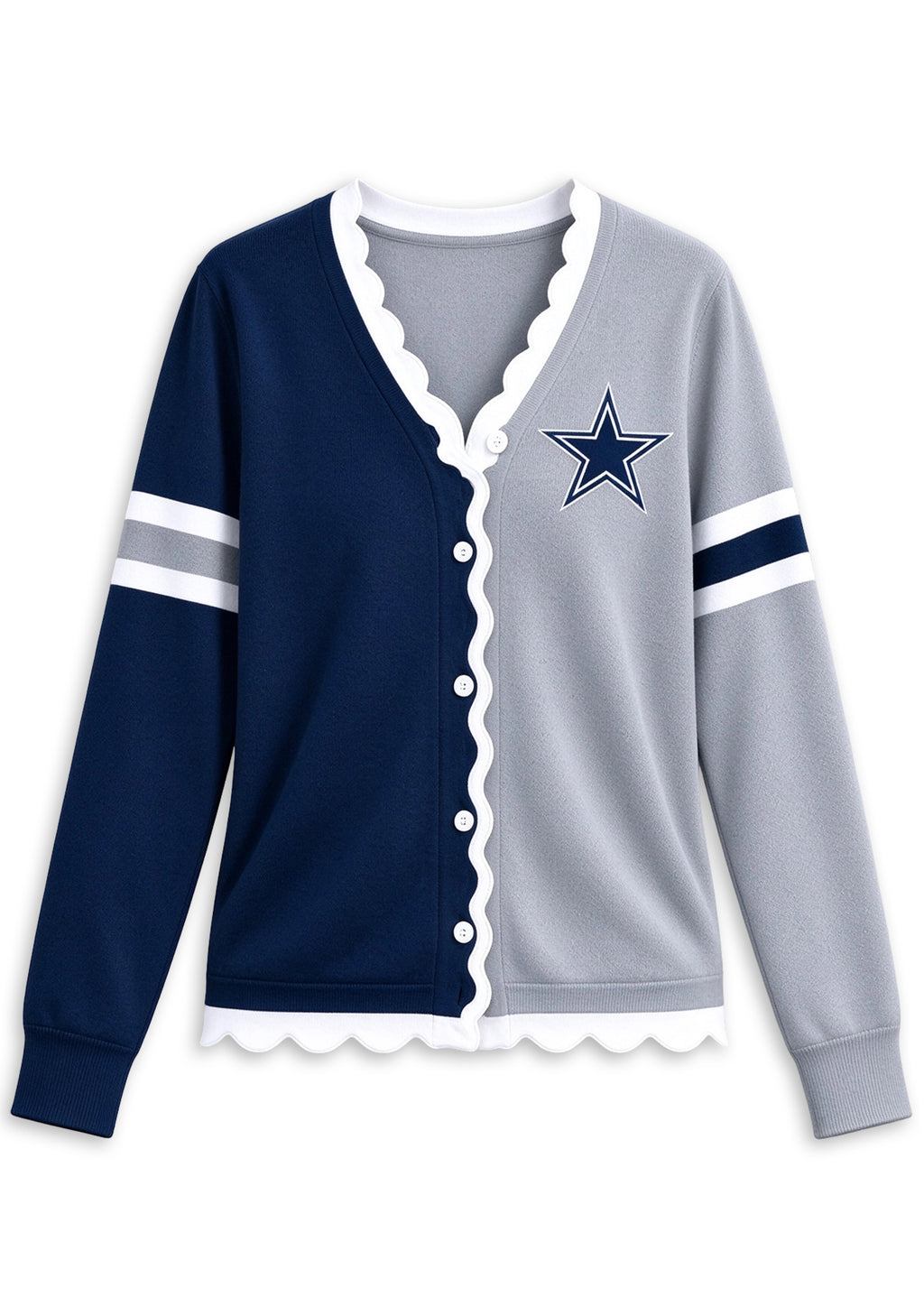 Women's Dallas Cowboys Color Block Scalloped Trim V-Neck Button Cardigan
