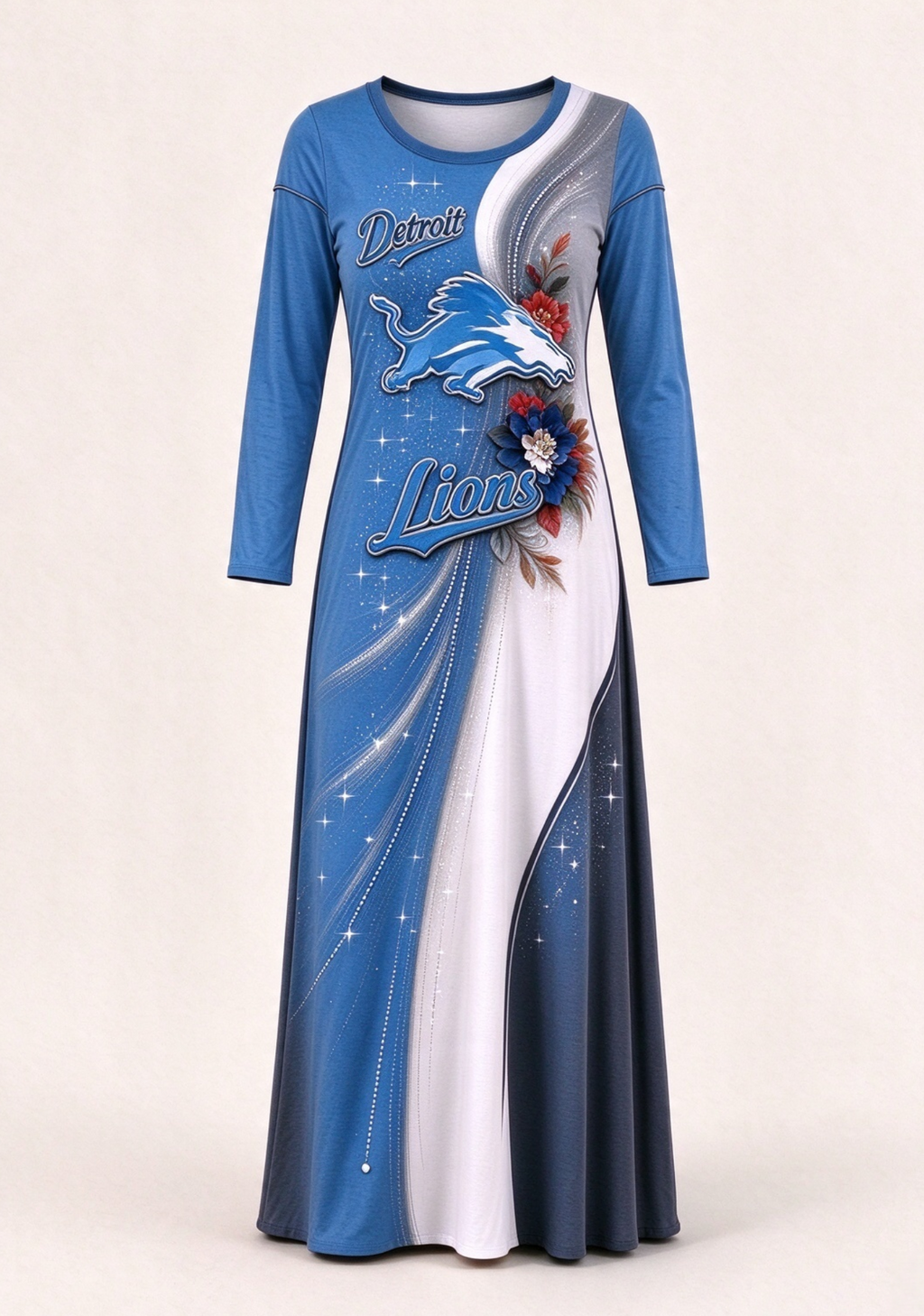 Women Detroit Lions Floral Print Long Sleeve Maxi Dress