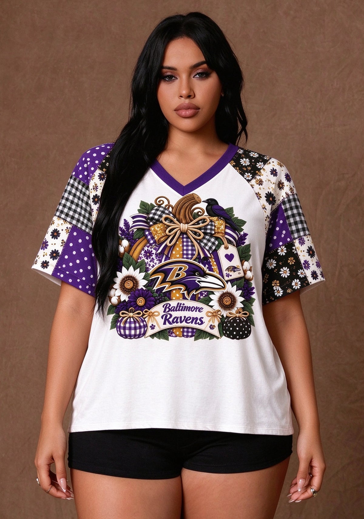 Women's Baltimore Ravens Patchwork Sleeve V-Neck Raglan T-Shirt Main image
