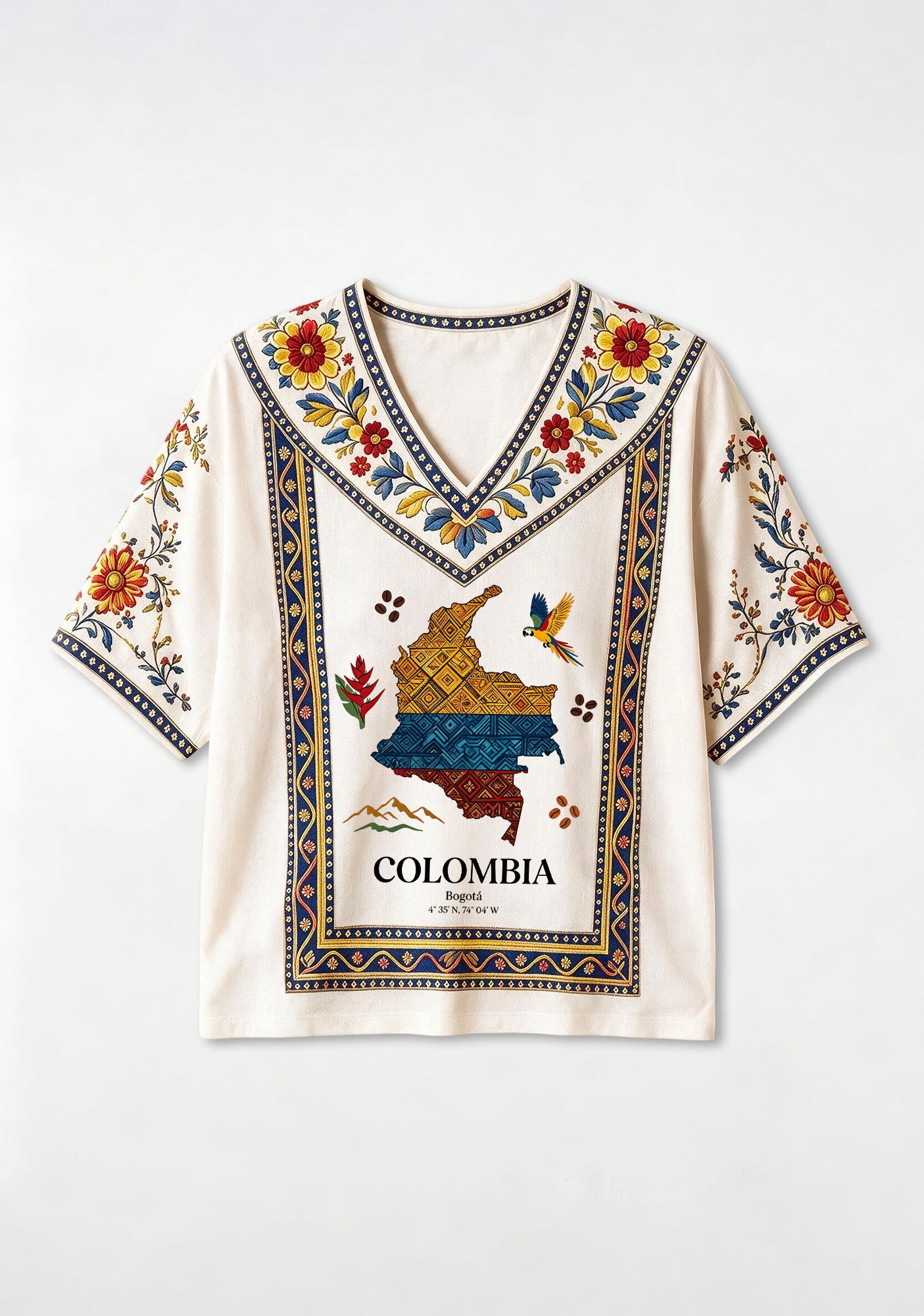 Boho Colombia Ethnic Map Floral V-Neck Blouse Main image