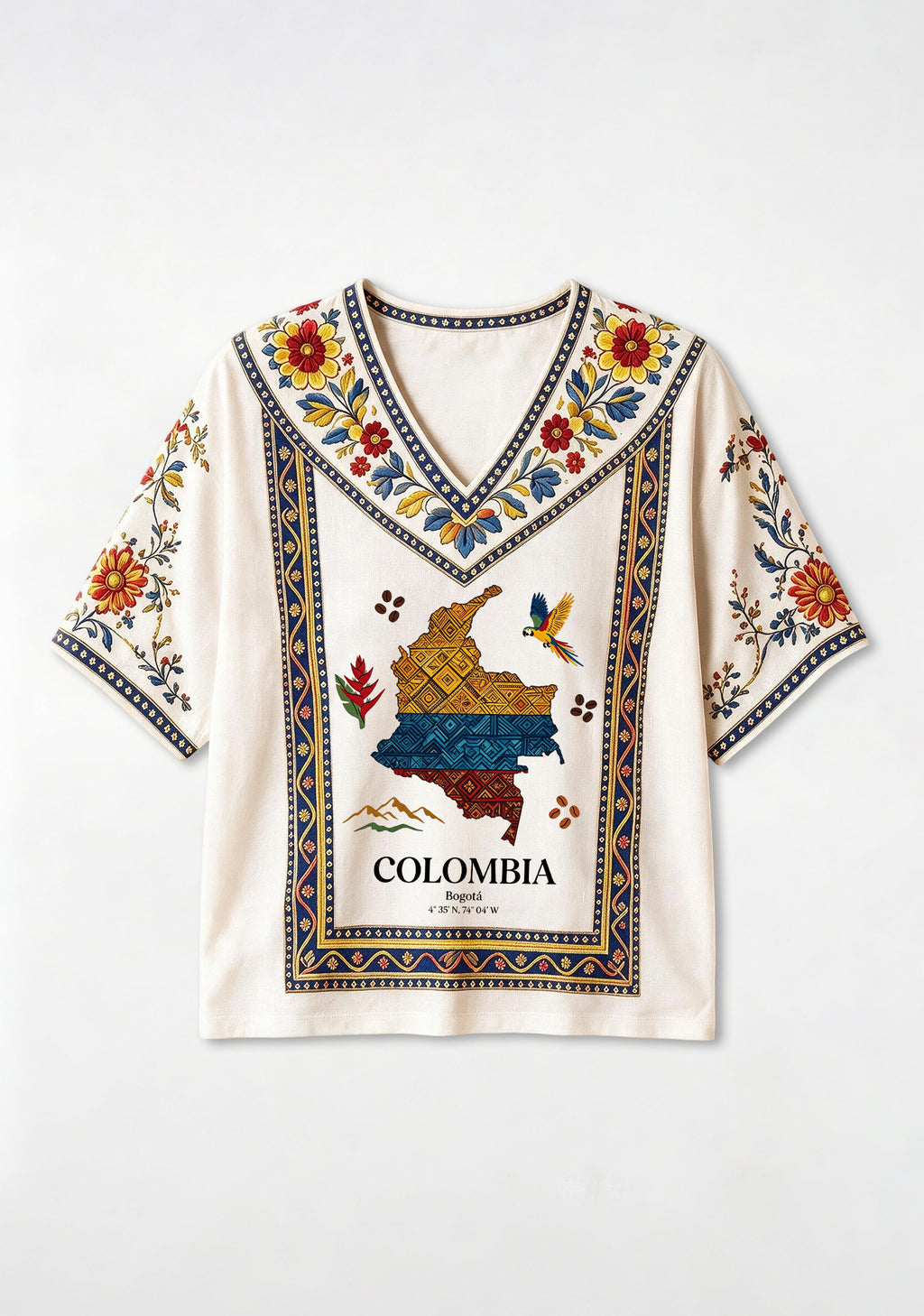 Boho Colombia Ethnic Map Floral V-Neck Blouse